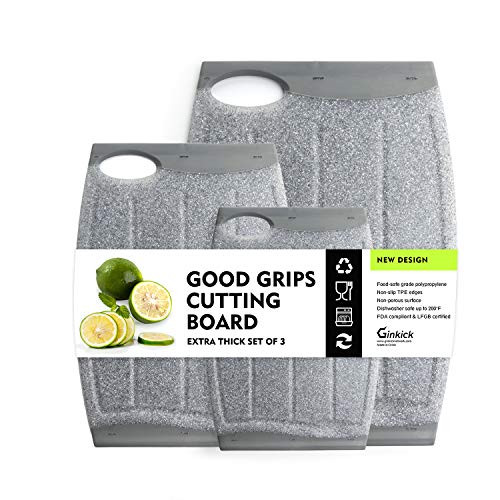 Ginkick Cutting Board Set of 3- Plastic Cutting Boards for Kitchen- Chopping Boards with Multiple Juice Grooves Dishwasher Safe- Non-Slip- BPA Free -Gray-