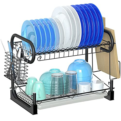 Dish Drying Rack- Packism 2 Tier Dish Rack with Utensil Holder- Cutting Board Holder and Dish Drainer for Kitchen Counter Top Racks of Dishes- Black
