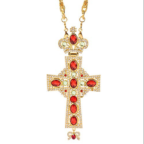Religious Jesus Crucifix Jeweled Necklace - 18k Gold Plated Jeweled Virgin Mary Pectoral Cross Necklace Zircons Crystals Christian Church Golden Priest Crucifix Orthodox Jewelry Baptism Gift Religious -O-