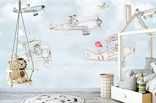 Animal Pilot Nursery Wallpaper- Airplane Boys Bedroom Kids wall mural playroom Wall Poster Decal Removable Peel and Stick