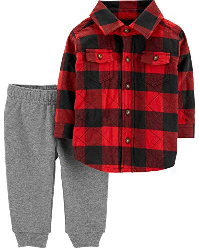 Carters Baby Boys 2-Piece Buffalo Check Button-Front  and  Jogger Set- Red -Newborn-
