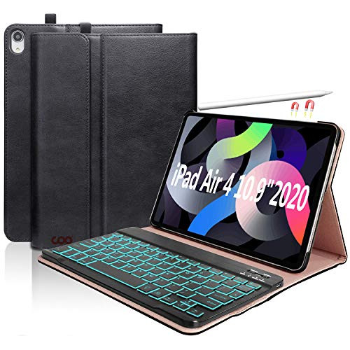 iPad Keyboard Case for New iPad Air 4 Generation 10.9" 2020/iPad Pro 11" 2018- Leather PU Sewing Case with Detachable 7 Color Backlit Wireless Keyboard for iPad Air 4th 2020-Black