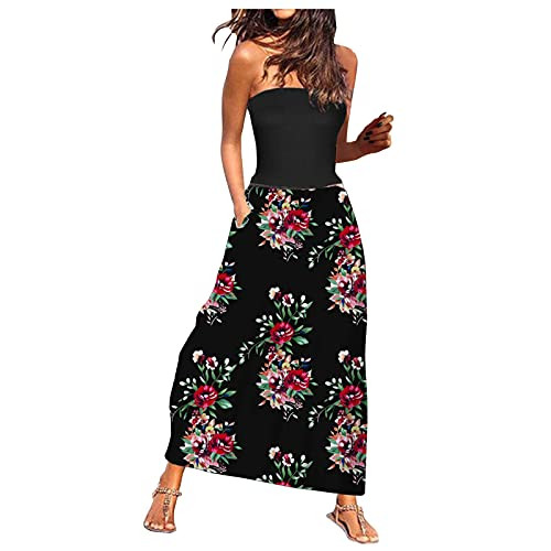 Women's Floral Casual Beach Party Maxi Dress Strapless Floral Print Bohemian Beach Dress Off Shoulder Long Dress