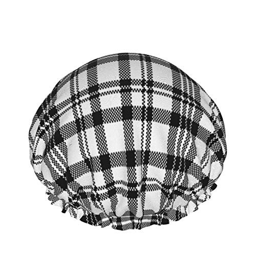 Double Layers Shower Cap-Abstract Check Plaid Seamless Pattern Black And White-Reusable Waterproof Elastic Bath Caps for All Hair Lengths