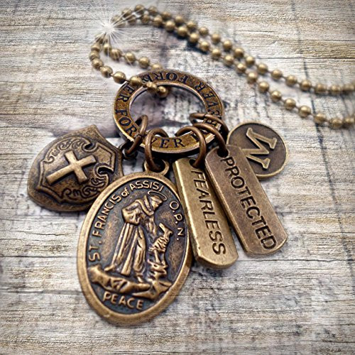 Bronze Saint Francis of Assisi- St. Francis Patron Saint of Animals- Ecology- Sick- Poor- Peace- Healing- with Cross Shield- Protected  and  Fearless Charms- Gift for Healing- Hand-crafted w-Love