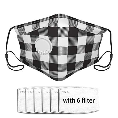 Black White Checkerboard Check Textile Beauty Fashion Face Mask Cloth Face Cover Washable Reusable Face Covers Activated Carbon Filter Dust Mask with A Valve with 6 Filter