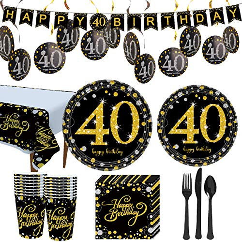 Trgowaul 40th Birthday Party Supplies - Gold Disposable Paper Plates- Napkins- Cups- Tablecover Forks- Knives and Spoons for 16 Guests and Party Supplies Decorations Banner