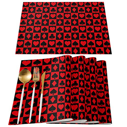 Home L6 Placemats for Dining Table Heart Lattice Check Buffalo Cotton and Linen Table Mats Poker Game Red Heat Resistant Non-Slip Washable Tablemats- Set of 4