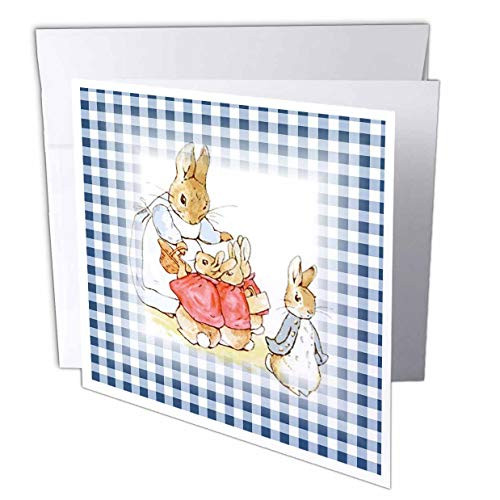3dRose Florene Nursery Rhymes and Fairytales - Image of Peter Rabbit Scene on Blue Checks - 12 Greeting Cards with envelopes -gc-234459-2-
