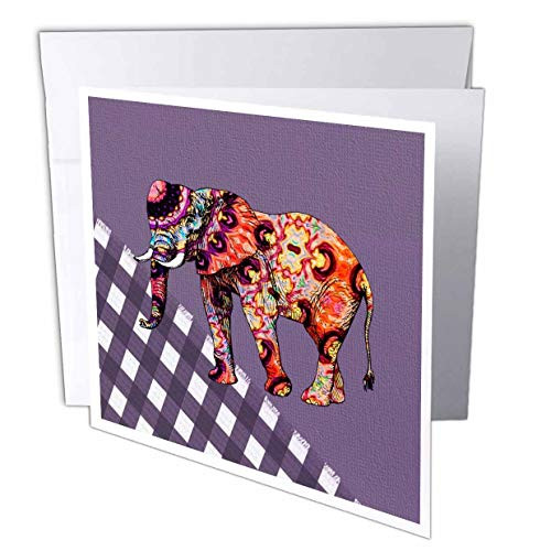 3dRose Florene - Decorative III - Image of Multi Color Madre Elephant On Purple Checks - 12 Greeting Cards with envelopes -gc-233702-2-