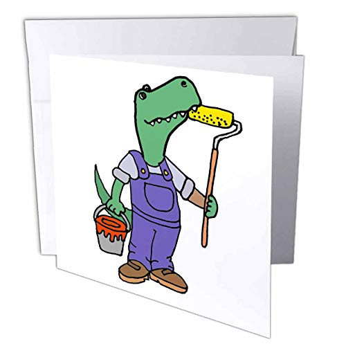 3dRose Funny Cute T-rex Dinosaur Painter with Paint Can and Roller. - Greeting Cards -gc-326717-2- 3dRose Funny Cute T-rex Dinosaur Painter with Paint Can and Roller. - Greeting Cards -gc-326717-2-
