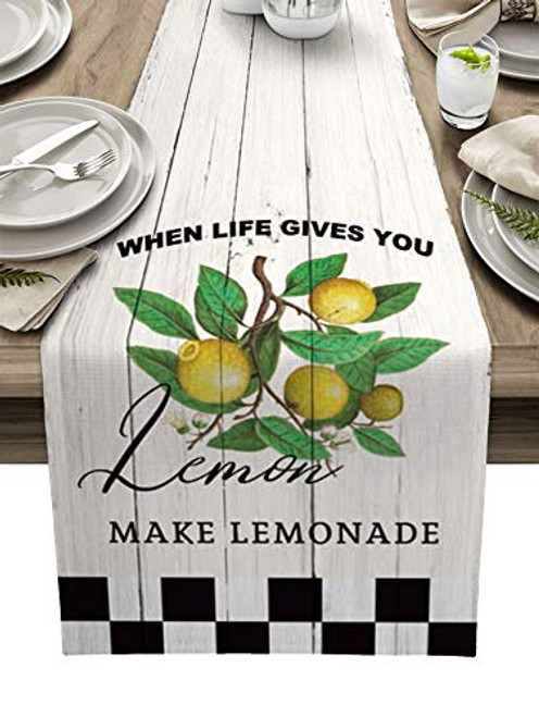 Linen Burlap Table Runner- 13 x 108 Inch- Lemon with Green Leaves Buffalo Check Plaid Decorative Table Runner for Family Dinner- Outdoor or Indoor Parties Christmas  and  Gathering