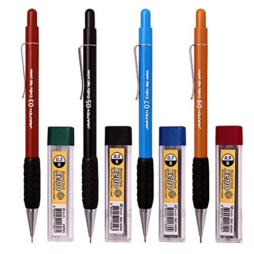 Javapen EMBO Mechanical pencils 4 pk 0.3, 0.5, 0.7,& 0.9mm widths + Lead 4 Tube