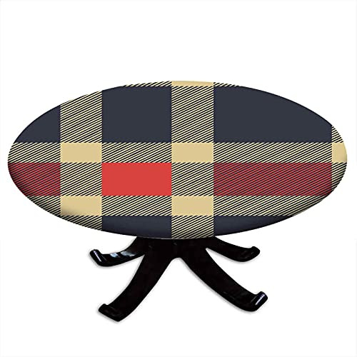 Checkered Round Fitted Tablecloth- Vintage Plaid Scottish Tartan Pattern with Retro Display Checks Lines- Elastic Edge- Waterproof and wipeable- Fits Tables 31" - 35" Diameter Dark Blue Coral Cream
