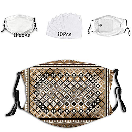 Fillter Face Cloth for Adults Geometrical Ethnic Eastern Frame with Diagonal Checks Reusable Windproof Mouth Anti Dust Double Protection