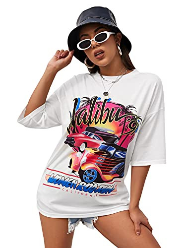 WDIRARA Women's Car Graphic Print Round Neck Short Sleeve Tee Casual T Shirt Top White Letter M