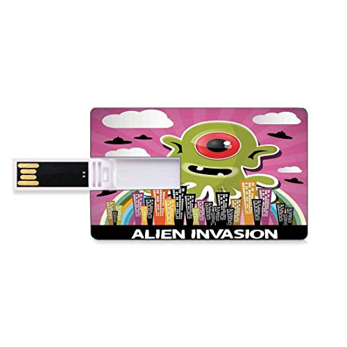 8GB USB Flash Thumb Drives Outer Space Decor Bank Credit Card Shape Business Key U Disk Memory Stick Storage Funny Giant Big One Eyed Monster City Urban Danger Attack Invasion Clip Design-Multi Perso
