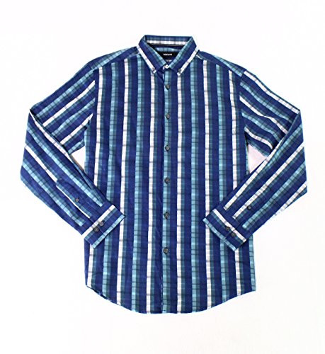 Alfani Men's Long-Sleeve Cotton Check Button-Down Shirt -XX-Large- Ocean Night-