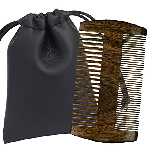 Wooden Beard Comb with Leather Case Kit- Beard Grooming for Men-with Sexy Beard- Dual Action Fine  and  Coarse Teeth Anti-Static -Sandalwood Beard Comb - Handmade Gifts