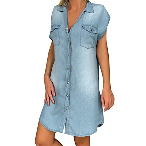 MOKIWI Women's Plus Size Denim Dresses Turn-Down Collar Short Sleeve Loose Long Dress Casual Button Shirt Dress S-5XL -E-Blue- X-Large-