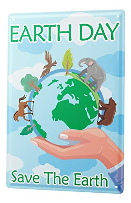 LEotiE SINCE 2004 Tin Sign Earth Day Save The Earth Globe with Animals in Hand Cartoon Comic Satire 20x30 cm Metal Shield Shield Wall Art Deco Decoration Retro Advertising