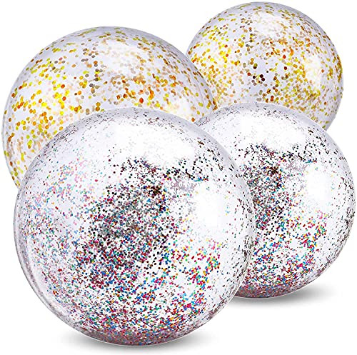 Beach Balls Inflatable Confetti Sports Glitter Beach Balls Floatable Beachballs Pool Balls Giant Clear Beach Ball for Summer Beach Favor Water Fun Swimming Pool Party Outdoor 4Pack