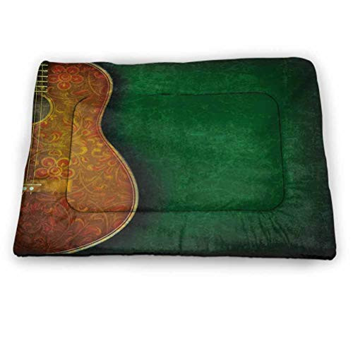 DayDayFun Guitar Pet Mat for Kennel Vintage Floral Instrument Pattern Acoustic with Worn Looking Wall Pattern Personalized Pet Placemat Emerald Orange Yellow Size 23"x15.5"