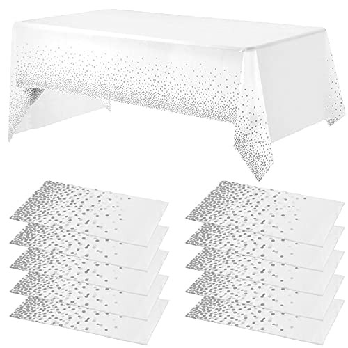 10 Pack 54" x 108" Plastic Tablecloths Rectangular Tablecloths Silver Dot Disposable Tablecloths for Rectangle Tables Dining Table Covers Cloth for Parties- Picnic- Christmas- Wedding- Anniversary
