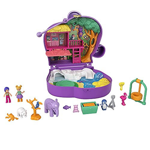 Polly Pocket Elephant Adventure Compact- Animal Theme with Micro Polly  and  Bella Dolls- 5 Reveals  and  13 Related Accessories- Pop  and  Swap Feature- Great Gift for Ages 4 Years Old  and  Up