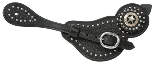 Tough 1 Royal King Lined Cowhide Spur Straps with Basket Tooling and Dots, Black
