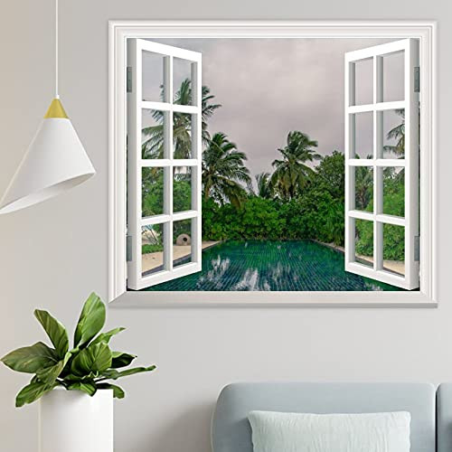 Green Palm Trees Near Swimming Pool Faux Window Frame Wall Decor Decals Fake Window Stickers Self Adhesive Modern for Bedroom Living Room Girls Famrhouse Wall Art Murals Wallpaper