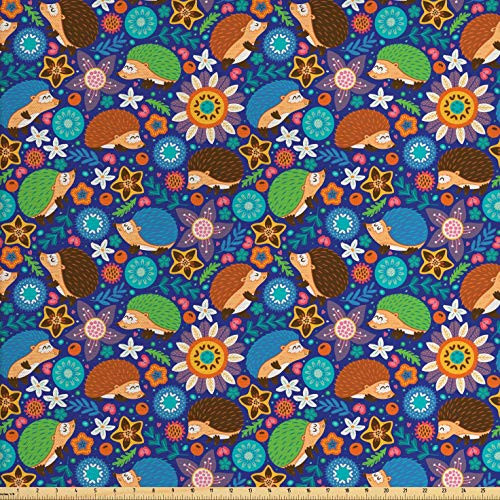 Lunarable Animal Fabric by The Yard, Cute Cartoon Hedgehogs Living in Fantasy Forest Pattern with Flowers Branches Leaves, Decorative Fabric for Upholstery and Home Accents, 3 Yards, Multicolor
