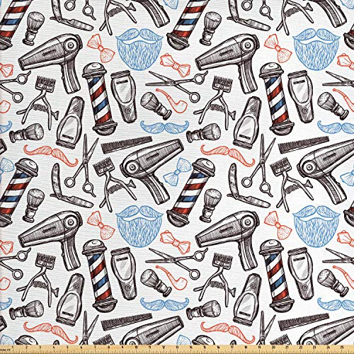 Lunarable Retro Fabric by The Yard, Barber Shop Accessories Monochrome Doodle Style Composition and Beard with Mustache, Decorative Fabric for Upholstery and Home Accents, 3 Yards, Multicolor