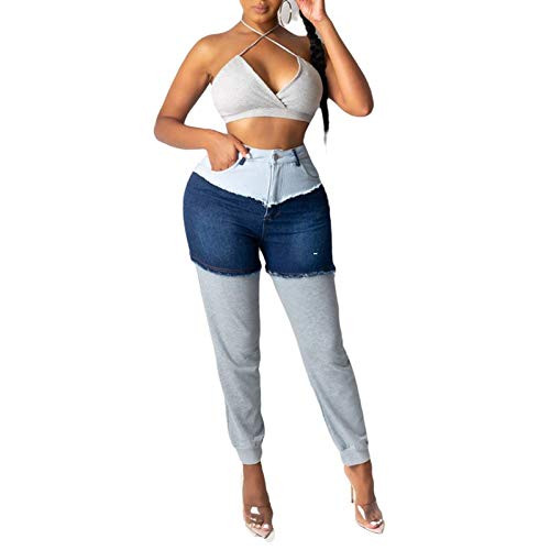 Onavy Women Patchwork Pants High Waist Straight Raw Hem Denim Jeans -Gray- S-