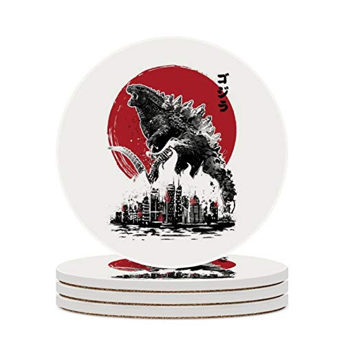 Round Ceramic Stone Coaster Set of 4 Kaiju Attack Godzilla Round Coaster Drink Absorption Coaster with Cork Base -3.9 inches- Round Ceramic Stone Coaster Set of 4 Kaiju Attack Godzilla Round Coaster Drink Absorption Coaster with Cork Base -3.9 inches-