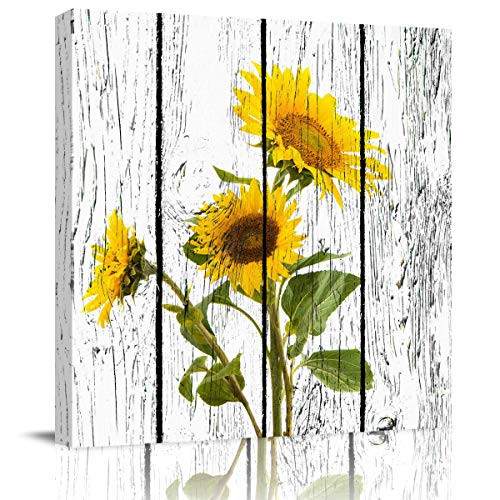 Square Wall Art Canvas Oil Painting- Sunflowers Printed on Rustic Wooden Board Office Artworks for Bedroom Living Room Bathroom Home Decor- Stretched and Wooden Framed Ready to Hang- 16x16 Inch