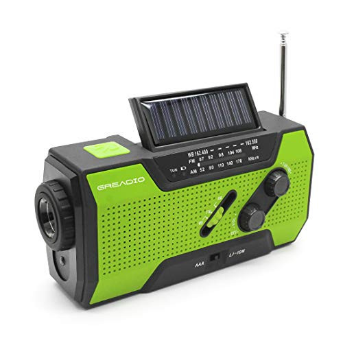 Emergency Weather Solar Crank AM/FM NOAA Radio with Portable 2000mAh Power Bank, Bright Flashlight and Reading Lamp for Household Emergency and Outdoor Survival (Green)