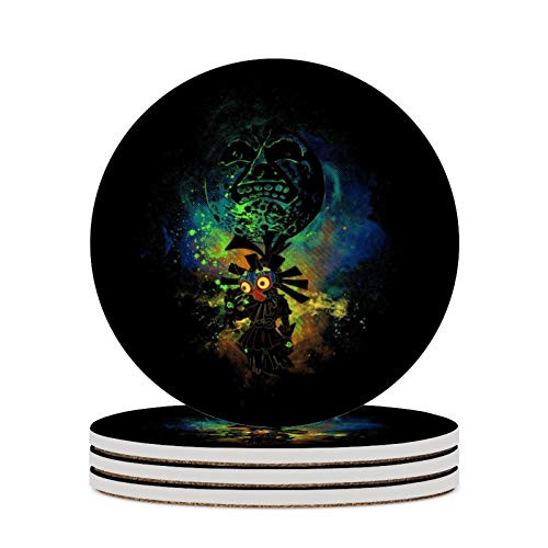 Round Ceramic Stone Coaster Set of 4 Majoras Art Legend of Zelda Round Coaster Drink Absorption Coaster with Cork Base -3.9 inches-