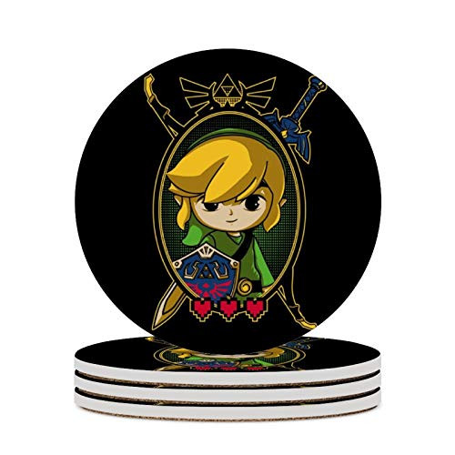Round Ceramic Stone Coaster Set of 4 Hero of Time Portrait Legend of Zelda Round Coaster Drink Absorption Coaster with Cork Base -3.9 inches-