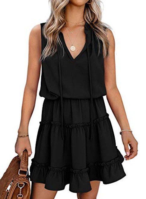 Sidefeel Womens Casual Sleeveless V Neck Solid Ruffle Dresses Elegant Empire Waist Flowy Mini Short Skirt Dresses Sundress Black Small