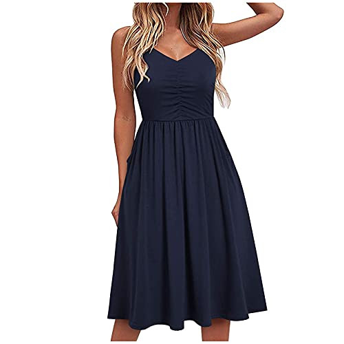 UQGHQO Women's Summer Casual Beach Dresses Pleated A-line Spaghetti Strap Sexy V Neck Short Sleeve Midi Dresses Sundress