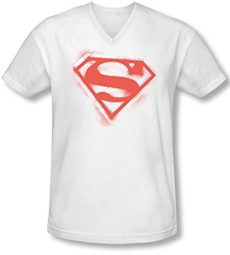 Superman - Mens Spray Paint Shield V-Neck T-Shirt- X-Large- White