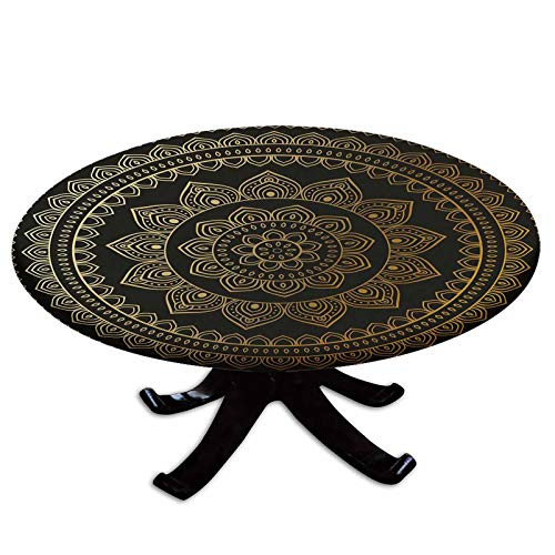 Elastic Edged Polyester Fitted Table Cover-Eastern Tribe Themed Circular Flower Motif Ornamental Meditation Symbol Decorative-Fits up to 36" Diameter Tables-The Ultimate Protection for Your Table-Gold
