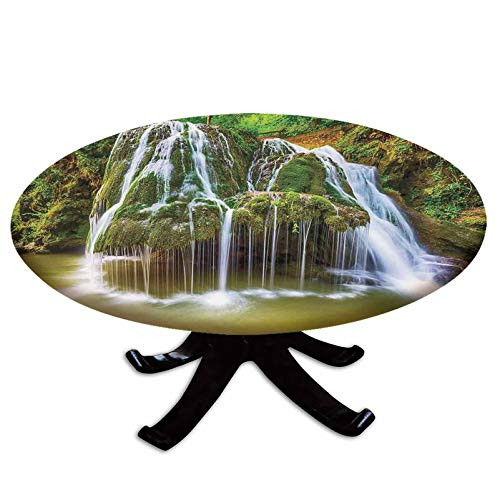 Elastic Edged Polyester Fitted Table Cover-Water Falls to Lake Above Rock Umbrella Covered with Botanic Plants-Fits up to 36" Diameter Tables-The Ultimate Protection for Your Table-White and Green