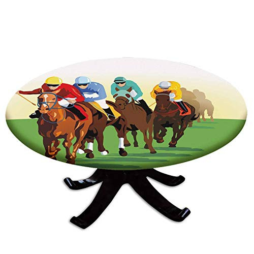 Elastic Edged Polyester Fitted Table Cover-Colorful Competitive Scene with Jockeys and Racing Horses Equine Retro Artwork Decorative-Fits up to 36" Diameter Tables-The Ultimate Protection for Your Tab