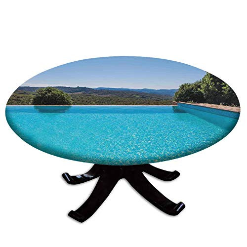 Elastic Edged Polyester Fitted Table Cover-Swimming Pool with Natural Landscape View Sunny Day Summer Holiday-Fits up to 36" Diameter Tables-The Ultimate Protection for Your Table-