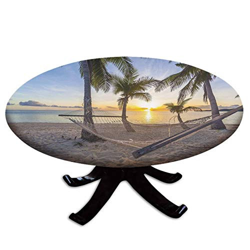 Elastic Edged Polyester Fitted Table Cover-Paradise Beach with Hammock and Coconut Palm Trees Horizon Coast Vacation Scenery-Fits up to 36" Diameter Tables-The Ultimate Protection for Your Table-Multi