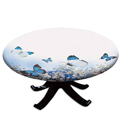 Elastic Edged Polyester Fitted Table Cover-Blue Hydrangeas and Butterflies Rural Scenery Freshness Spring Yard Garden Decorative-Fits up to 36" Diameter Tables-The Ultimate Protection for Your Table-B