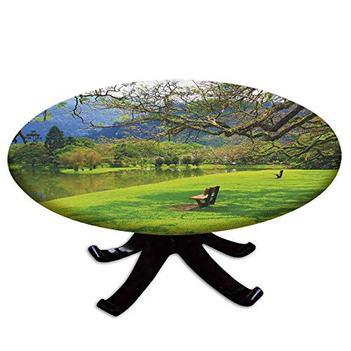 Elastic Edged Polyester Fitted Table Cover-Panoramic View of Public Lake Garden at Asian Park Idyllic Landscape-Fits up to 36" Diameter Tables-The Ultimate Protection for Your Table-Lime Green Violet
