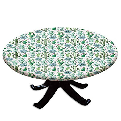 Elastic Edged Polyester Fitted Table Cover-Hand Painted Exotic Plant Collection Saguaro Prickly Pear Succulents Spines Decorative-Fits up to 36" Diameter Tables-The Ultimate Protection for Your Table-